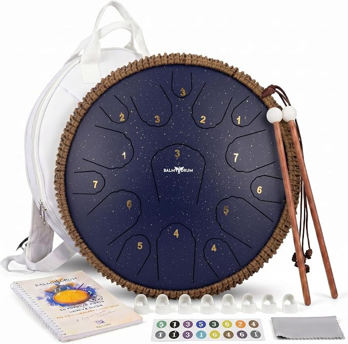 Balmy Drum Steel Tongue Drum 14 inch 15 Notes 440Hz, Handpan Drum with Music Book, Mallets, Carry Bag, Finger Picks, Rain Drum for Outdoor, Meditation Yoga Calming Instruments for Adults Kids (Blue)
