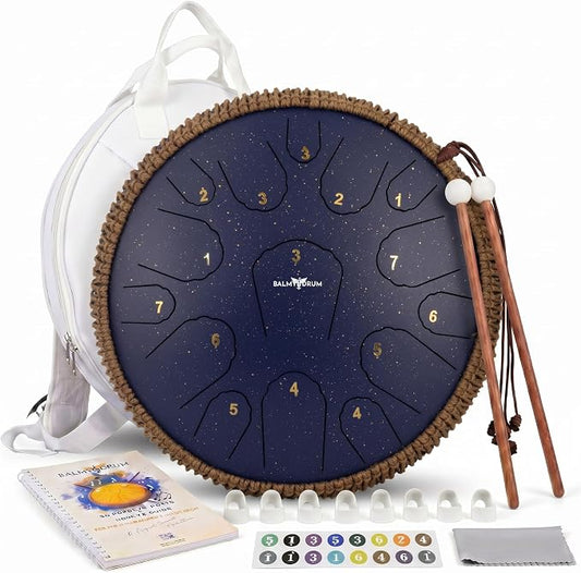 Balmy Drum Steel Tongue Drum 14 inch 15 Notes 440Hz, Handpan Drum with Music Book, Mallets, Carry Bag, Finger Picks, Rain Drum for Outdoor, Meditation Yoga Calming Instruments for Adults Kids (Blue)