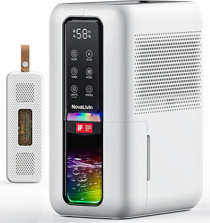 Dehumidifier for Home, Dehumidifiers for Bathroom, Bedroom, Living room, Closet with 68 OZ Water Tank, Moisture Absorbers, Auto Shut Off, Auto Humidity Control, 7 Colors LED Light, Black and White