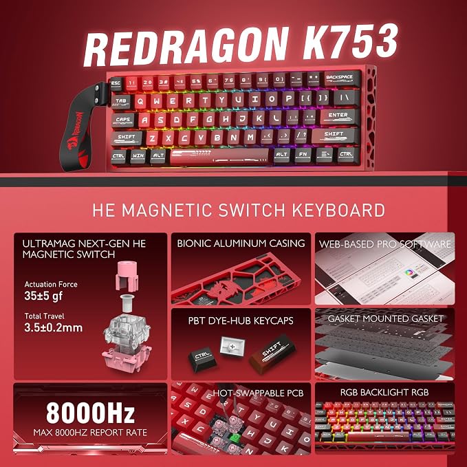 Redragon K753 HE Rapid Trigger Gaming Keyboard, 60% 61 Keys Wired Mechanical Keyboard w/Hype-Red Hollowed-Out Aluminum Base, Next-Gen UltraMag 100% POM Silky Rappid Trigger Magnetic Switch