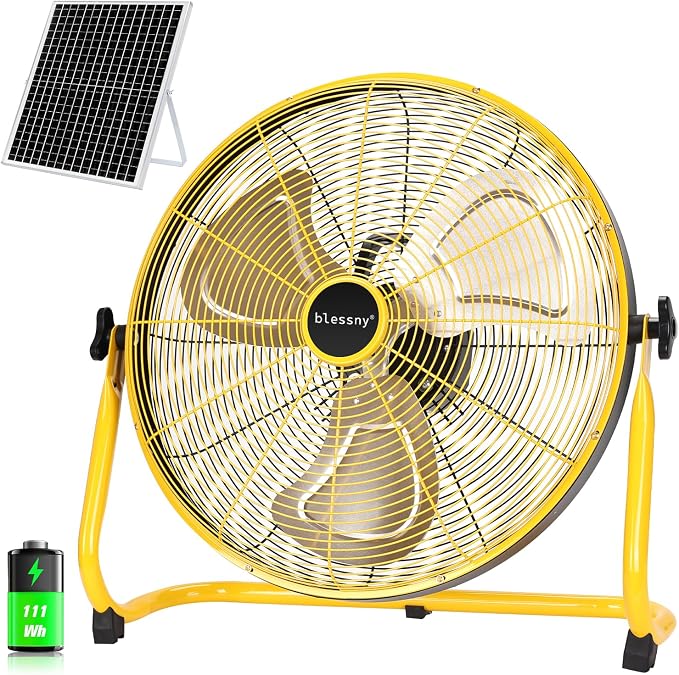 blessny 18" Large Solar Rechargeable Floor Fan with 35W Solar Panel for Home Outdoor Camping Gazebo Greenhouse Barn Poultry Pet House Cooling or Air Circulation, 23 Ft Long Cord