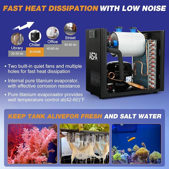 Aquarium Chiller 1/10 HP, 42GAL Fish Tank Water Chiller | Quiet Compressor Refrigeration, Titanium Evaporator, Precise Temp Control