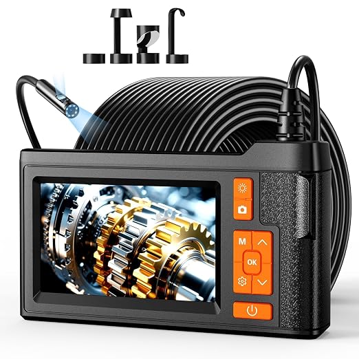 50FT Dual Lens Endoscope Camera with Light, 4.3" Borescope Support 1080P Photo/Video, IP67 Waterproof with 8 LED Lights, Semi-Rigid Inspection Snake Cable for Pipe, Engine & HVAC