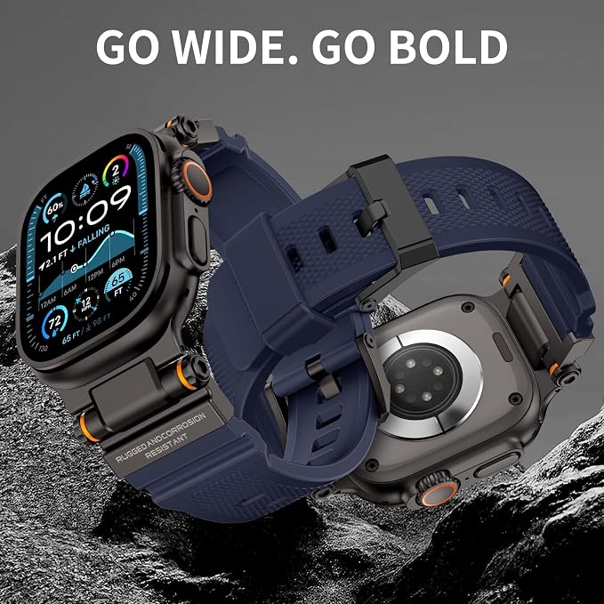 FOAMUNOC Rugged Band Compatible with Apple Watch Ultra 3/2/1 Band 49mm/46mm/45mm/44mm/42mm, Metal Connector with Strap for iWatch Ultra Series 11/10/9/8/7/6/SE3/SE2/SE/5/4/3/2/1, Navy Blue/Black