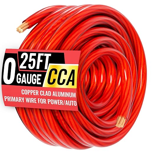 0 Gauge Wire 25FT Red Copper Clad Aluminum CCA 1/0 Battery Cable, Primary Power/Ground Cable for Car Audio Speaker, RV Trailer, Amp, Inverter RV Truck, Marine, Solar Equipment, Translucent Jacket