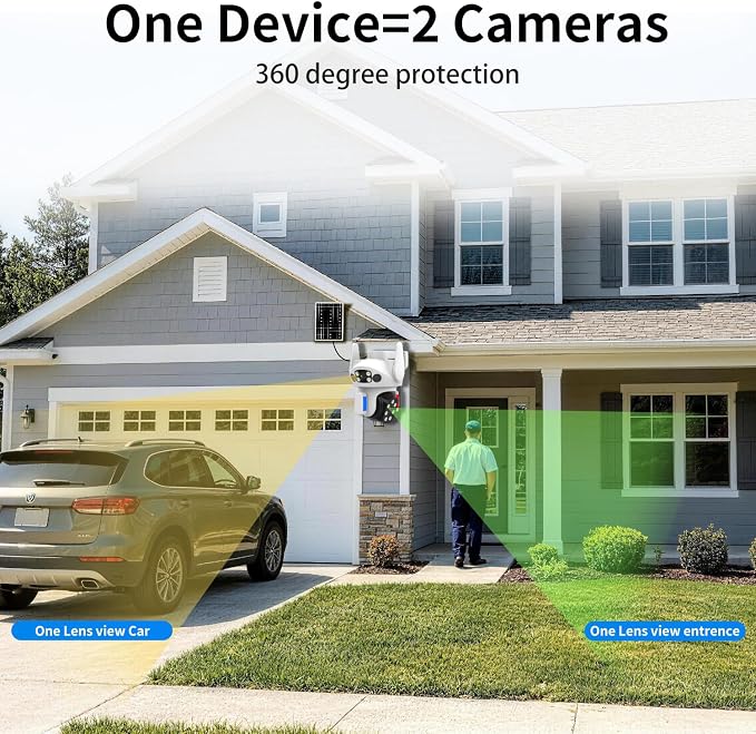 Solar Camera Outdoor Wireless, Dual Lens Security Camera for Home & Farm, Light Alarm & Color Night Vision, Outdoor Camera Two-Way Audio (1 Pack)