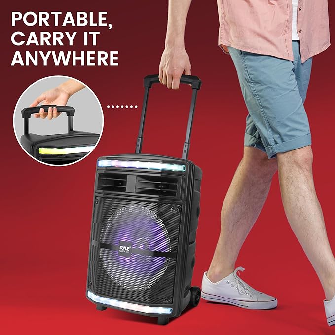 Pyle Portable Bluetooth Speakers with 10 Inch Subwoofer, Wireless Speaker with FM Radio, Karaoke System & Rechargeable Battery, Flashing Party Lights, MP3/USB/Micro SD Readers for Indoor Outdoor Use