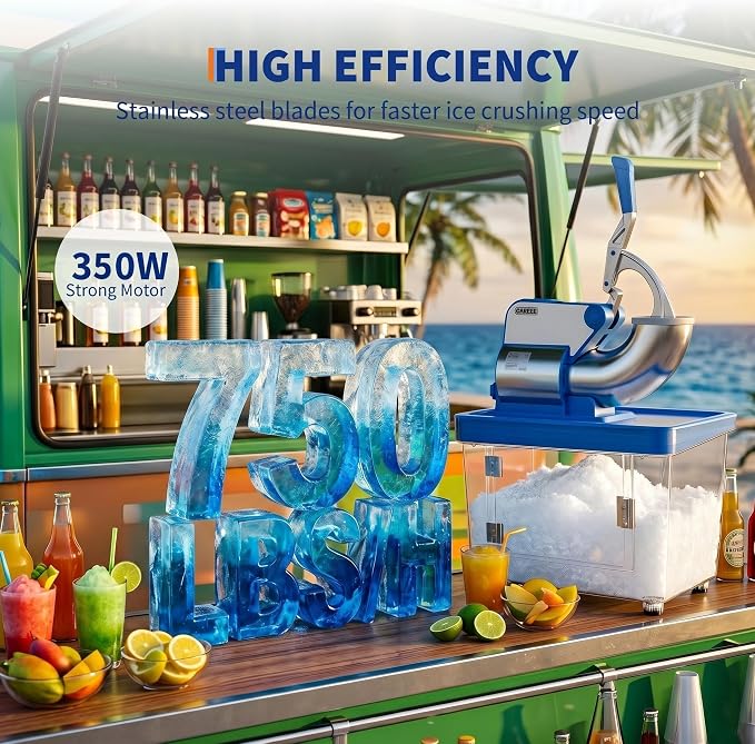 Commercial Ice Crusher Machine with 4 Blades, 2000RPM 750LBS/H Ice Shaver with 2LBS Hopper Capacity, 350W Stainless Steel Snow Cone Machine for Home Use, Bars, Cafes, Parties, Blue