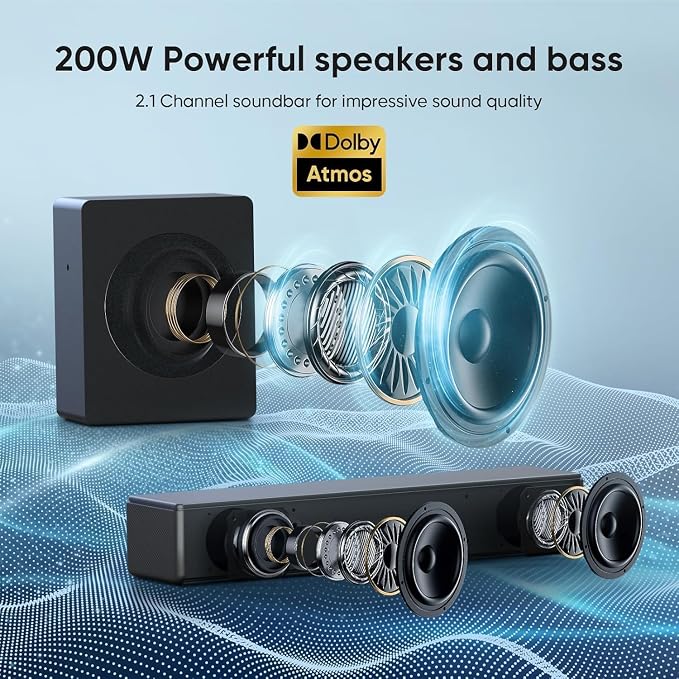 GEOYEAO Sound bar with subwoofer, 100W 2.1 ch soundbar w/Dolby Atmos Surround Sound System, 3D Bass Adjustable Home Theater Bluetooth TV Speaker for Smart TV/Projector/PC