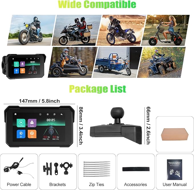 CAMECHO Motorcycle Carplay Screen, Wireless CarPlay Android Auto for Moto, 5" Waterproof Touchscreen Portable Car Stereo Support Dual Bluetooth, Siri, Google Assistant