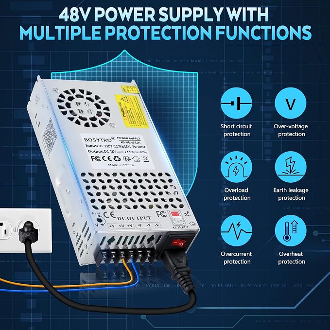 New Version 48V DC Power Supply, 600W 12.5A Switching Power Supply, Upgraded Input Port and Safety Switch AC 110v to DC 48v Converter for RV, Motor Pump, CCTV, 3D Printer, with Power Cord