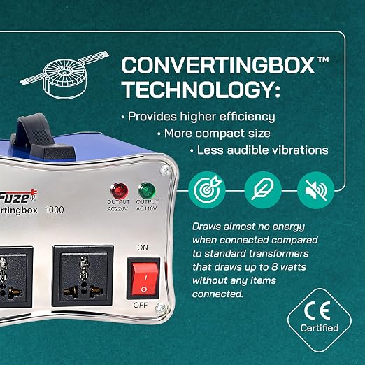 LiteFuze 1000W Voltage Converter Step-up/Down Auto Power Transformer - 110/120v to 220/240v - Heavy Duty – Circuit Breaker Protection – Converting Box Technology - Blue