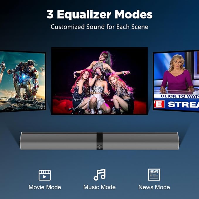 Sound Bar for Smart TV, 80W Soundbar with Bluetooth/ARC/Opt/AUX Connect, Auto Volume Boost, 3 Equalizer Modes, 2 in 1 Detachable Soundbar for TV/PC/Gaming/Projectors