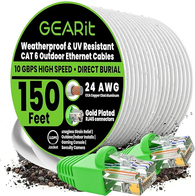GEARit Cat6 Ethernet Cable 150ft, Outdoor Direct Burial Cat 6 Cable 24AWG High Speed Up to 10Gbps, LLDPE (PE) UV-Resistant Waterproof Jacket, CCA RJ45 Network Internet Cable for Router- White,150FT