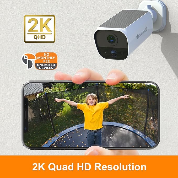 TOUCAN Solar Wireless Security Camera S5 2K HD Video Outdoor Battery Camera with Solar Panel, Motion Detection, Wide Angle, Two-Way Audio, Night Vision, No Subscription Required (2 Cam Pack)