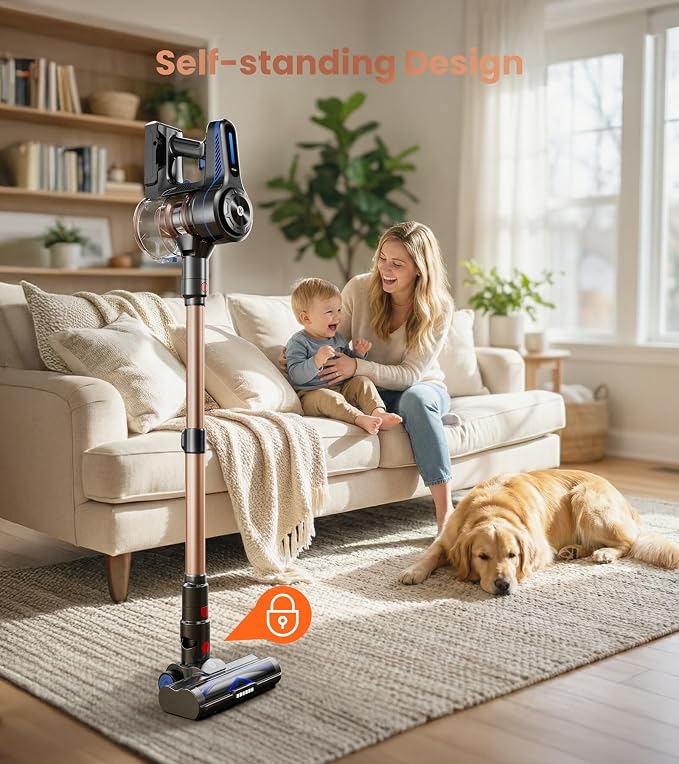 NADALY Cordless Vacuum Cleaner, 500W 40KPA Stick Vacuum with 45min Runtime, Anti-Tangle Vacuum Cleaners for Home, Self-Standing Rechargeable Wireless Vacuum for Hardwood Floor Carpet Pet Hair