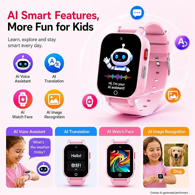 4G Kids Smart Watch with GPS Tracker, Video & Voice Call, SOS, WiFi, IP68 Waterproof, AI Smart Features, Parental Control Phone Watch for Boys Girls Age 4-12(SIM Card Included)