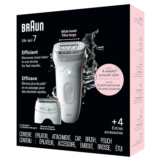 Braun Epilator Silk-épil 7, Hair Removal Device, Women Shaver & Trimmer, Wet and Dry, Wide Head, Includes Shaver Head and Trimmer Comb, SE7-041, Silver