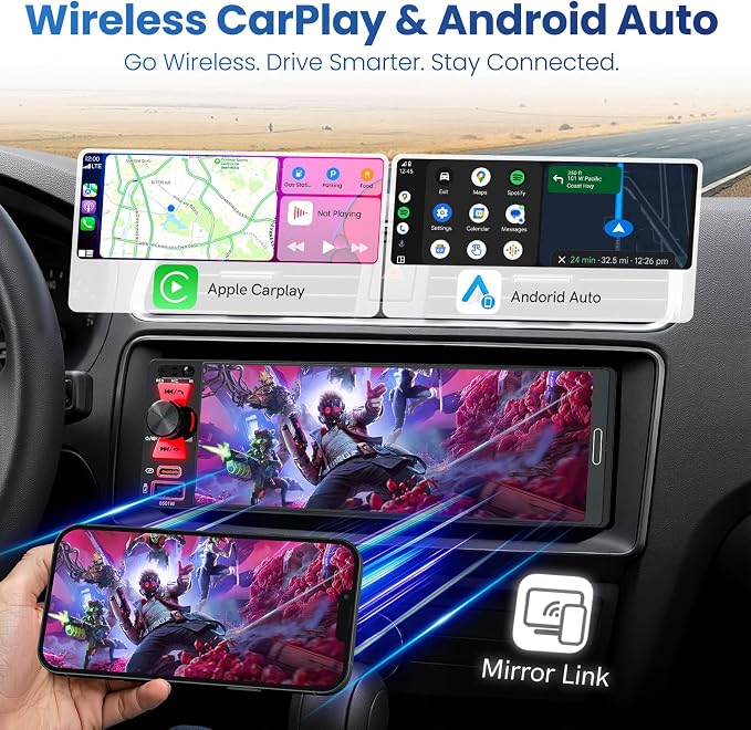 Single Din Car Stereo with Wireless Apple CarPlay & Android Auto, 6.5 Inch InCell Touchscreen Car Radio, Car Stereo with Bluetooth 6.0, 1080P Backup Camera, Mirror Link, AM&FM, Fast Charging, EQ, SWC