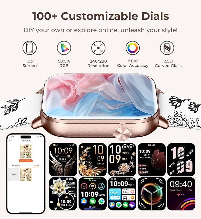 Iaret Smart Watch for Women, 1.83" HD Fitness Tracker with 4 Bands, Answer/Make Calls, Heart Rate/Sleep/SpO2/Step Tracking, 100+ Sport Modes, Android/iPhone Compatible Gift (Black Gold)