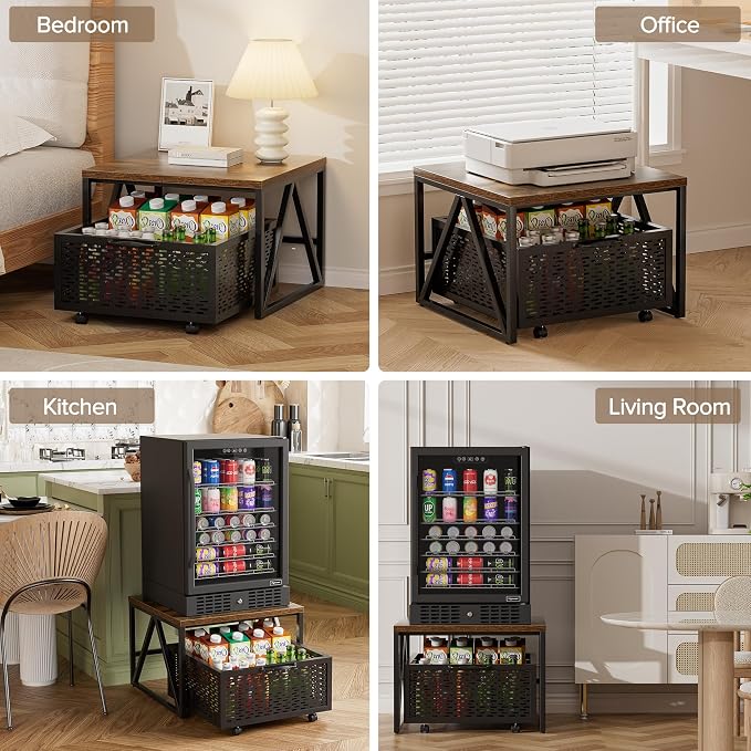 Urban Deco Mini Fridge Stand with Storage, Heavy Duty Fridge Cart with Drawer Basket, Mini Refrigerator Table for 220 LBS, Mobile Fridge Stand with Swivel Wheels for Dorm,Office,Home, Retro Brown