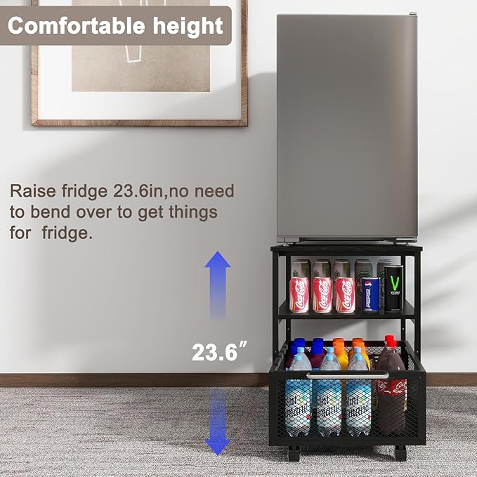 PUNCIA 19.7"x19.7" Mini Fridge Stand 3-Tier Storage Beverage Fridge Table | 220-lb Capacity Beverage Refrigerator Table, Heavy Duty Rolling Organizer with Drawers for Dorm Apartment Office Bedroom