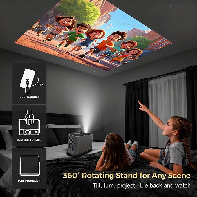 Smart Projector with WiFi and Bluetooth, 400Ansi Protable Mini Projector Support 1080P, 360° Rotated, Electric Focus & Keystone, 30"-200" Home Theater Proyector for Phone TV Stick