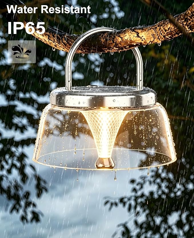 Solar Camping Lantern, Dimmable Warm White 360°COB LED Rechargeable Lantern with USB-C&Solar Charging, IP65 Waterproof Hanging/Tabletop Lamp for Indoor Outdoor, Tent, Patio, Emergency(Silver)