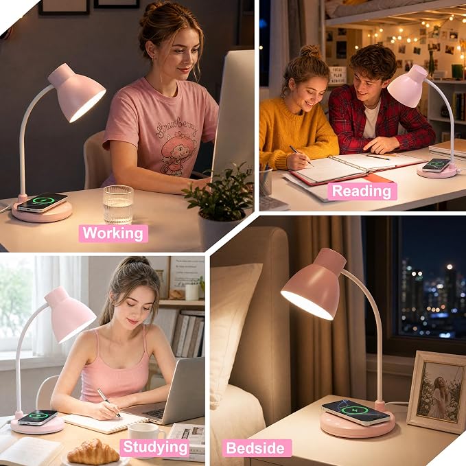 Desk Lamps for Home Office - LED Desk Lamp with Wireless Charger, 3 Color Modes Dimmable Eye-Caring Study Reading Desk Light, Small Flexible Arm Table Lamp for College Dorm Room Bedside, Pink