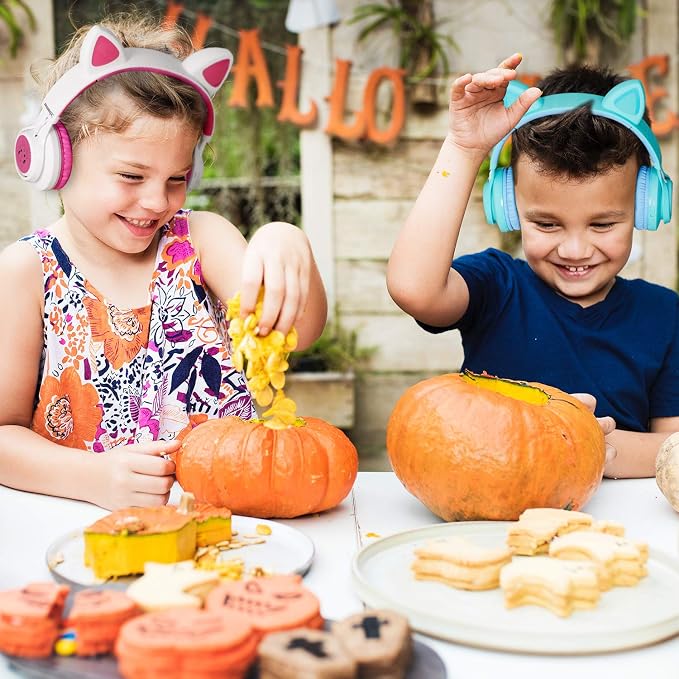 Riwbox Kids Headphones, CT-7S Cat Ear Bluetooth Headphones with LED Light, 85dB Volume Limiting, Over Ear with Microphone for Laptop/PC/TV (Blue & Green)