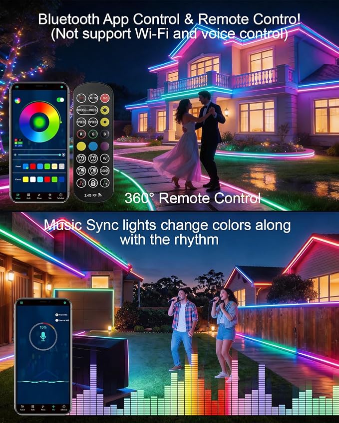 20ft/6m COB LED Strip Lights, RGB Smart IC, IP67 Waterproof, Dimmable , Color Flowing Tape Light with App Control & Music Sync, Dotless LED Light for Outdoor, Patio, christmas & Party Decorations