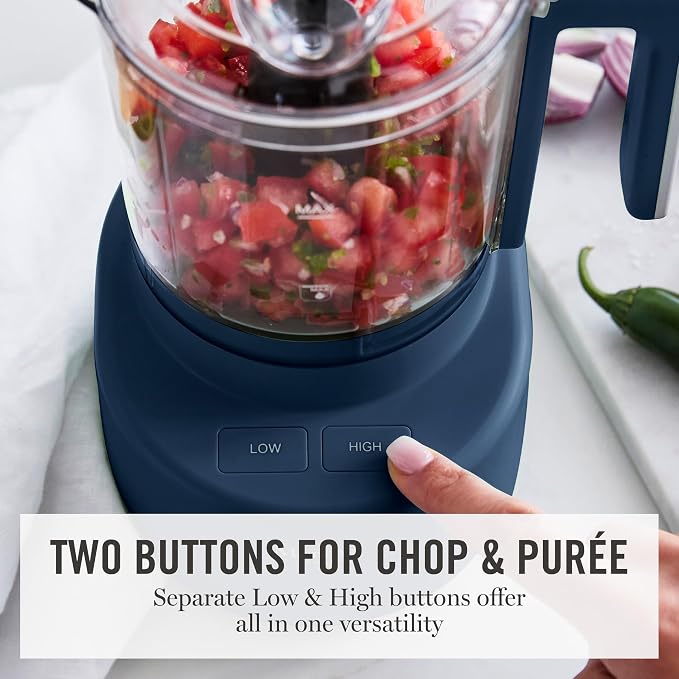 Martha Stewart 3 Cup Electric Food Chopper, Vegetable & Herb Mini Food Processor, 24oz BPA-Free Bowl, Stainless Steel Blades, Pour Spout, Dicing, Mincing, Chop & Puree, Dishwasher Safe, Indigo Blue