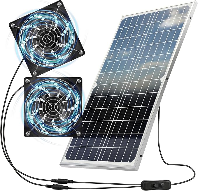 Dual Solar Powered Fan for Chicken Coop, Greenhouse & Shed，4.7" | Waterproof Window Fans, Solar Fan for Chicken Coops, Pet House, Ventilation Cooling Kit, On/Off Switch, 6.6ft Extension Cable