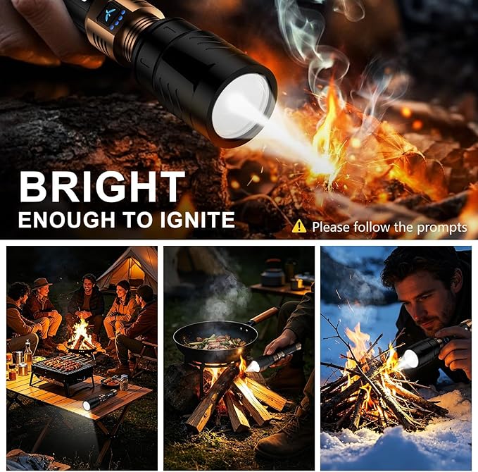 SKYFIRE LED Flashlights High Lumens with Ignition Lens,3000lm Super Bright Rechargeable Flashlight,Zoomable,4 Modes,Waterproof Tactical Flash Light for Camping Essentials,Outdoor and Home,Gift