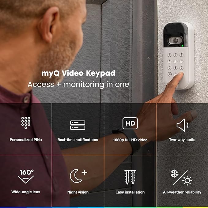 myQ Smart Garage Door Video Keypad with Wide-Angle Camera,Customizable PIN Codes,and Smartphone Control–Take Charge of Your Garage Access Works with Chamberlain, LiftMaster and Craftsman openers,White