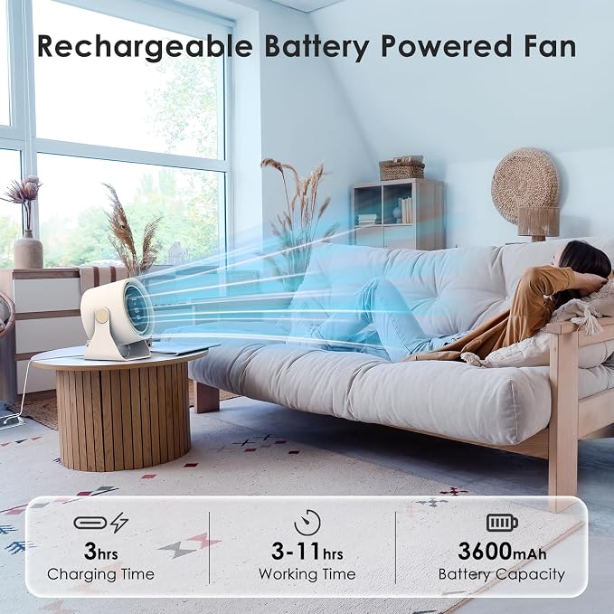 Minthouz Desk Fan - Touch Control LED Display, Premium USB Fans 3600mAh Rechargeable Battery, 6 Speeds, 90° Tilting - Portable for Home, Office, Travel, Camping, Kitchen (Beige)
