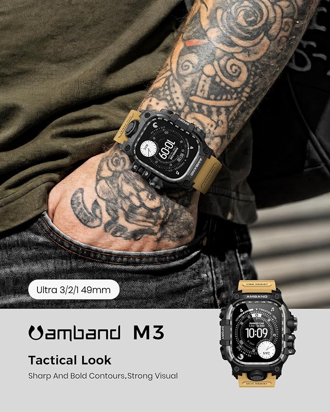 amBand Rugged Case with Band for Apple Watch Ultra 3/2/1 49mm, M3 Military Grade Shockproof Cover, Includes Screen Protector Kit, Tactical Band for Men - Compatible with iWatch Ultra, Sand Beige