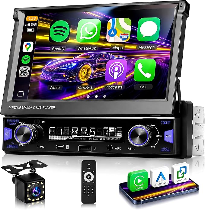7 inch Single Din Touch Screen Car Stereo Flip Out Wireless CarPlay Android Auto, 1 Din Car Radio with Bluetooth with RDS AM FM Radio Car Audio Receiver Mirror Link,Type-C/USB/AUX+ Backup Cam