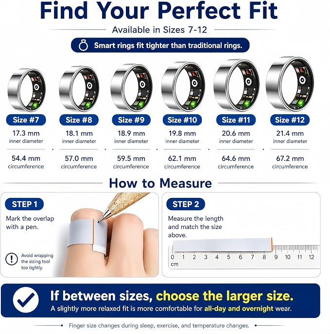 Smart Ring for Women Men,Sleep Tracking Wearable,Fitness Tracker Ring with Step/Heart Rate/Blood Oxygen/Distance/Calorie,Clock Vibration,No Subscription Fee,5ATM Water (Silver, 13)