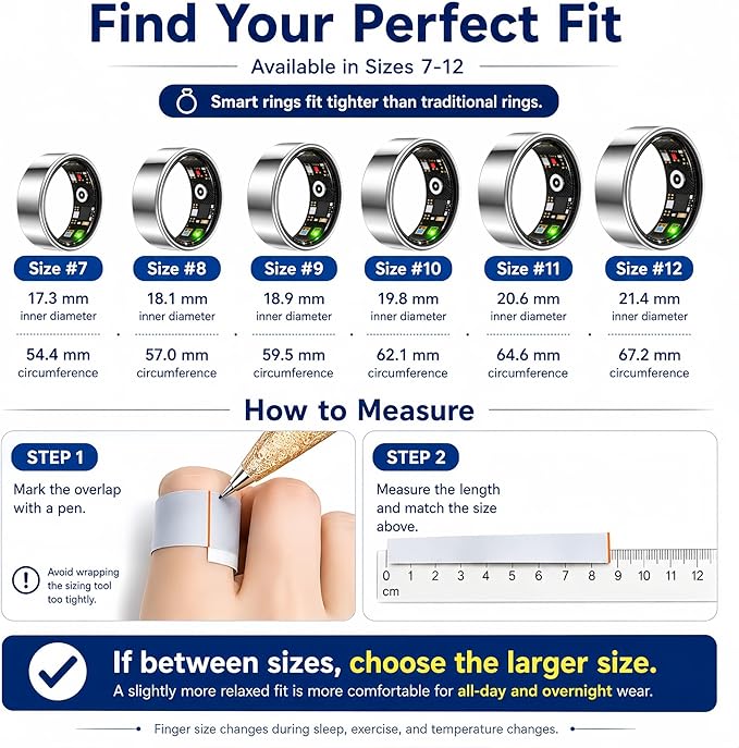 Smart Ring Health & Fitness Tracker for Men & Women, Heart Rate, SPO₂, Sleep & Activity Monitoring, IP68 Waterproof, Long Battery Life, Family Care Mode, No Subscription Fee (Silver, 11)