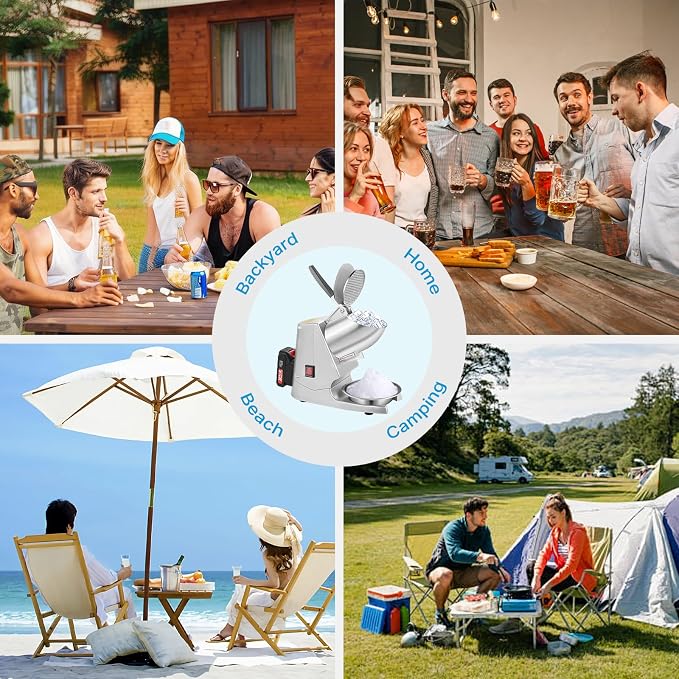 Portable Cordless Ice Shaver Machine, 178Ibs/h Dual Blade & Single Battery | 180W Battery Powered Ice Crusher Machine for Home Use &Outdoor (Backyard & Patio), Extra Blades & Ice Pick, Silver
