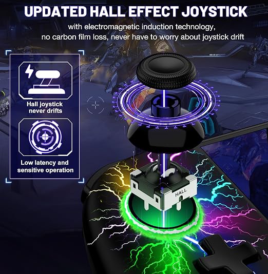 Gammeefy Switch Controller – Hall Effect Joysticks & Enhanced Grip – One Piece Switch Joypad Replacement Switch Pro Controller with 8-Color RGB Lighting, Turbo, Macros - Lightning Pattern, 6.2"/7"