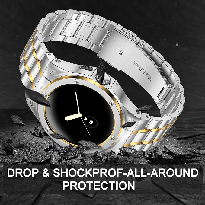 SUPLINK Stainless Steel Case and Bands Compatible with Google Pixel Watch 2/3 41mm Bands, Metal Strap Protective Bumper for Google Watch Band Men, Silver Gold