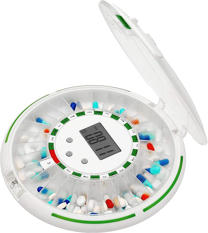 Automatic Pill Dispenser with Flashing Light, Sound, Alarm and Safety Lock, 28-Day Electronic Medication Organizer – Dispense Vitamins and Tablets Up 6 Times/Day – Easy Read Display (Clear)
