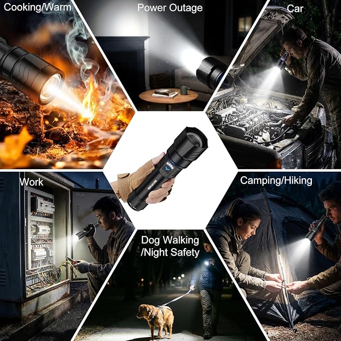 SKYFIRE Flashlight with Ignition Lens,5000mAh Rechargeable Flashlights High Lumens Super Bright Waterproof Powerful LED Tactical Flash Light for Camping Essentials Outdoor Home&Gifts