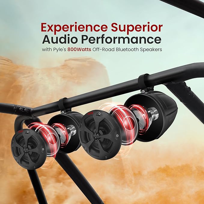 Pyle 4" Off-Road Bluetooth Waterproof Speakers -800W Peak Power Amplified Speaker System for ATV/UTV, Golf Cart, Boat, Aux Input Jack, for use w/All 12V Vehicles - PLUTV43BTA, Black