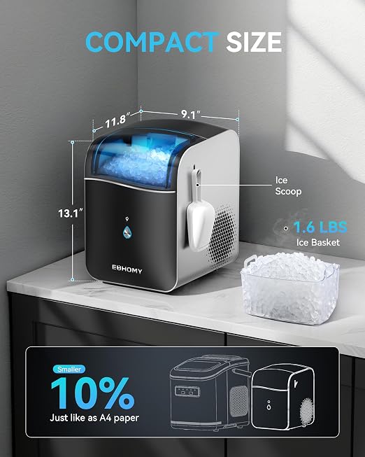 EUHOMY Smart Nugget Ice Maker Countertop, Pebble Ice Maker Machine with APP/Alexa Control, 40lbs/24H, Ready in 7 Mins, Self-Cleaning, Portable Sonic Ice Makers with Hanging Ice Scoop for Home/Office