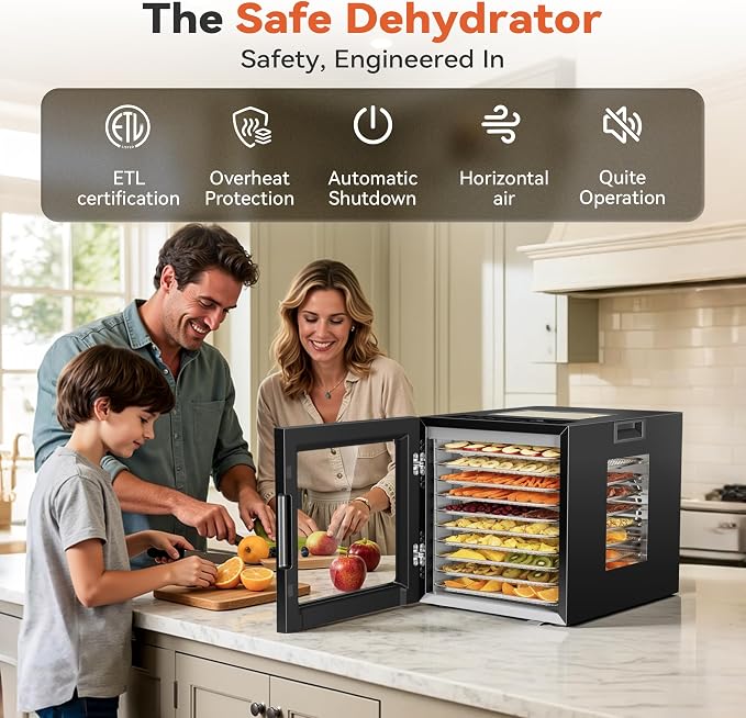Manastin Food Dehydrator Machine 10 Stainless Steel Trays, 850W Dryer for Meat Jerky, Fruit, Herbs, Yogurt & Dog Treats, 95-167℉ Dehydrated Dryer, 48H Timer, 10 Presets, Overheating Protection, Black