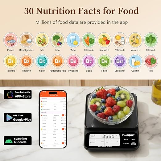 Smart Food Scale with Nutritional Calculator, Bluetooth APP Digital Nutrition with 30 Nutrients, Calorie & Macro Tracking, Personal Goals, Food Preload, Barcode Scan 11lb for Meal Prep, Weight Loss