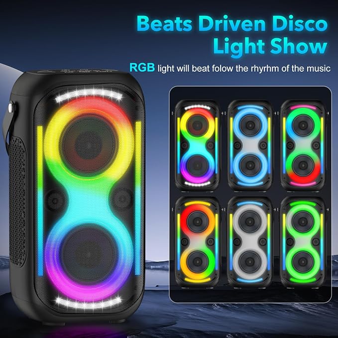 Bluetooth Speaker 160W Loud Wireless Outdoor Portable Big Powerful Deep Bass Sound TWS Large Home Party Speakers with Subwoofer LED Lights(Black)